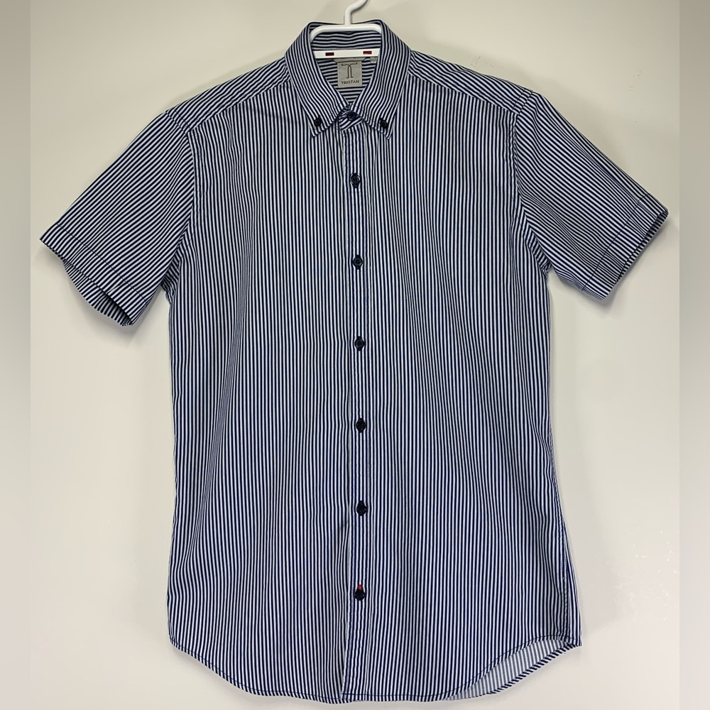 Tristan Men's Fitted Short Sleeve Button Down Shirt Blue White Stripe XS
